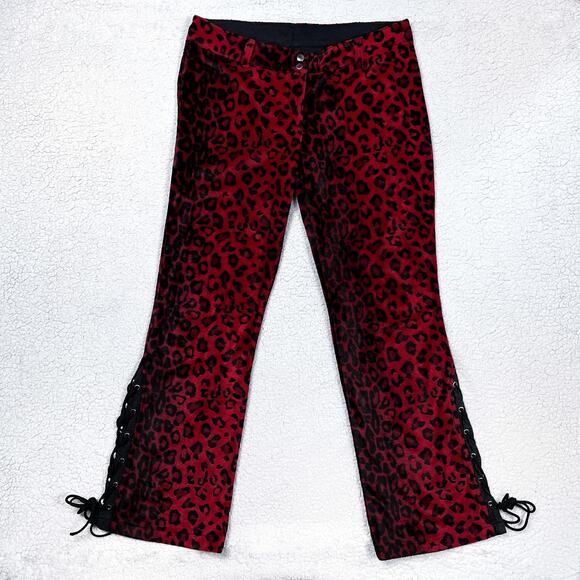 Vintage Lip Service Freaks in Fur Red Faux Leopard Print Pants 11 Y2K Mall Goth - Picture 2 of 16